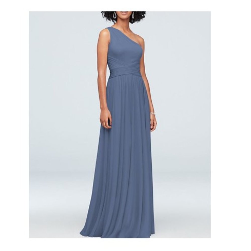David's Bridal Steel Blue One Shoulder Mesh Bridesmaid Dress Size 12